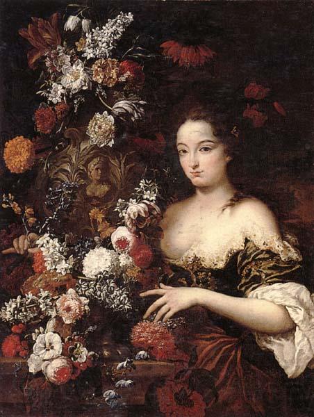 Gaspar Peeter Verbrugghen the younger A still life of various flowers with a young lady beside an urn
